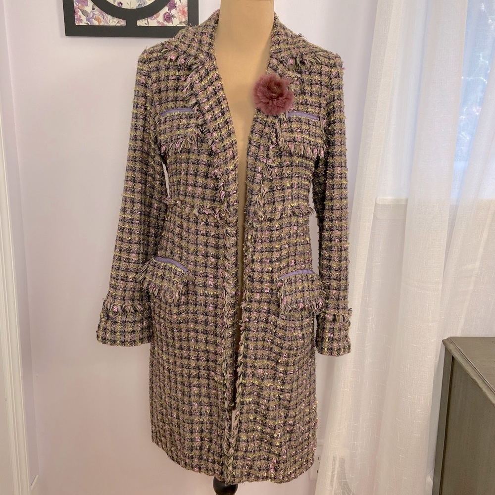 Bouclé Tweed Long Blazer in Lavender, Moss & Black size M